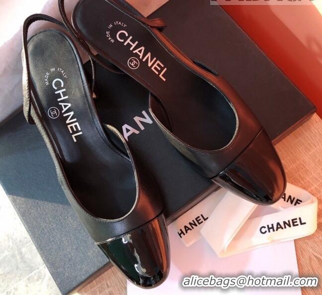 Classic Hot Chanel Goatskin and Patent Leather Slingbacks Pumps 6.5cm Heel G31318 Black