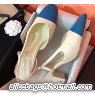 Good Quality Chanel Goatskin & Grosgrain Slingbacks Pumps 6.5cm Heel G31318 Beige/Blue