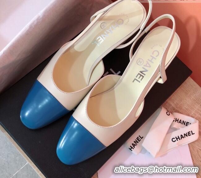 Good Quality Chanel Goatskin & Grosgrain Slingbacks Pumps 6.5cm Heel G31318 Beige/Blue