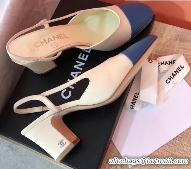 Good Quality Chanel Goatskin & Grosgrain Slingbacks Pumps 6.5cm Heel G31318 Beige/Blue