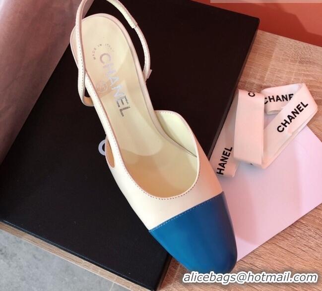 Good Quality Chanel Goatskin & Grosgrain Slingbacks Pumps 6.5cm Heel G31318 Beige/Blue