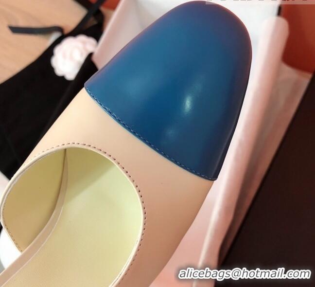 Good Quality Chanel Goatskin & Grosgrain Slingbacks Pumps 6.5cm Heel G31318 Beige/Blue