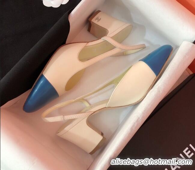 Good Quality Chanel Goatskin & Grosgrain Slingbacks Pumps 6.5cm Heel G31318 Beige/Blue