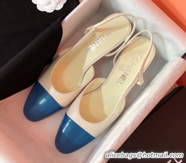 Good Quality Chanel Goatskin & Grosgrain Slingbacks Pumps 6.5cm Heel G31318 Beige/Blue