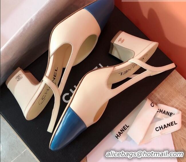 Good Quality Chanel Goatskin & Grosgrain Slingbacks Pumps 6.5cm Heel G31318 Beige/Blue