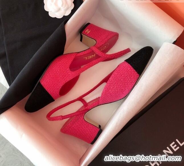 Stylish Chanel Tweed Slingbacks Pumps 6.5cm Heel G31318 Hot Pink/Black