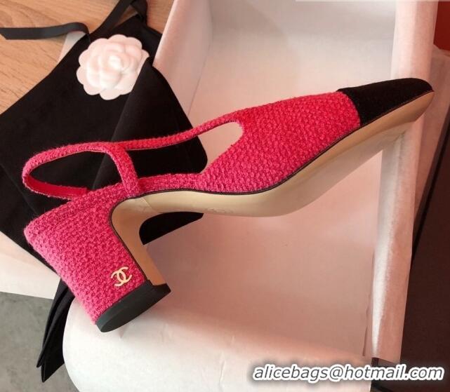 Stylish Chanel Tweed Slingbacks Pumps 6.5cm Heel G31318 Hot Pink/Black