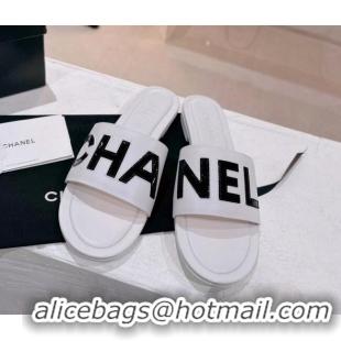 Purchase Chanel Lambskin & Patent Calfskin Flat Slide Sandals White 428114