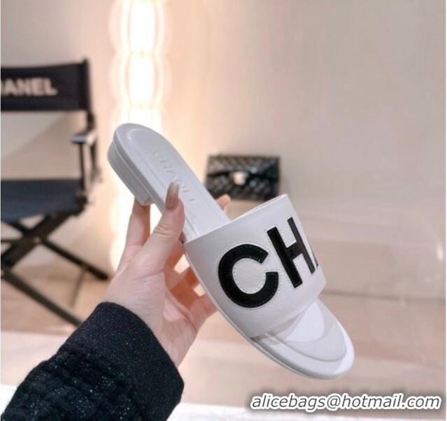 Purchase Chanel Lambskin & Patent Calfskin Flat Slide Sandals White 428114