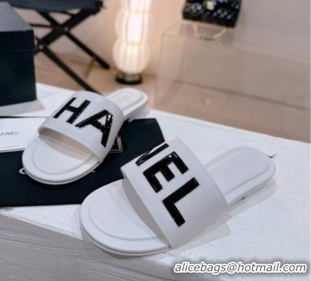 Purchase Chanel Lambskin & Patent Calfskin Flat Slide Sandals White 428114