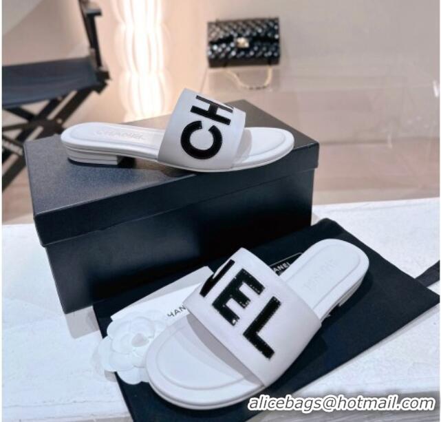 Purchase Chanel Lambskin & Patent Calfskin Flat Slide Sandals White 428114