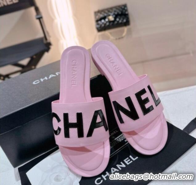 Luxury Chanel Lambskin & Patent Calfskin Flat Slide Sandals Light Pink 428115