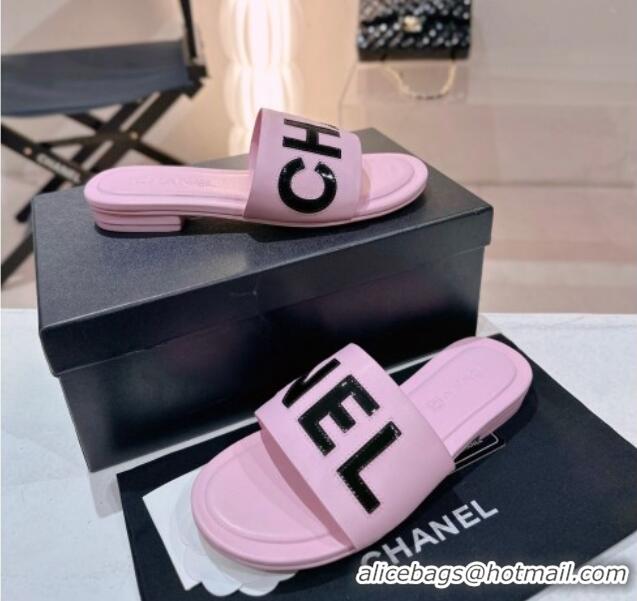 Luxury Chanel Lambskin & Patent Calfskin Flat Slide Sandals Light Pink 428115