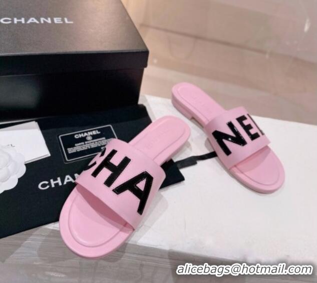 Luxury Chanel Lambskin & Patent Calfskin Flat Slide Sandals Light Pink 428115