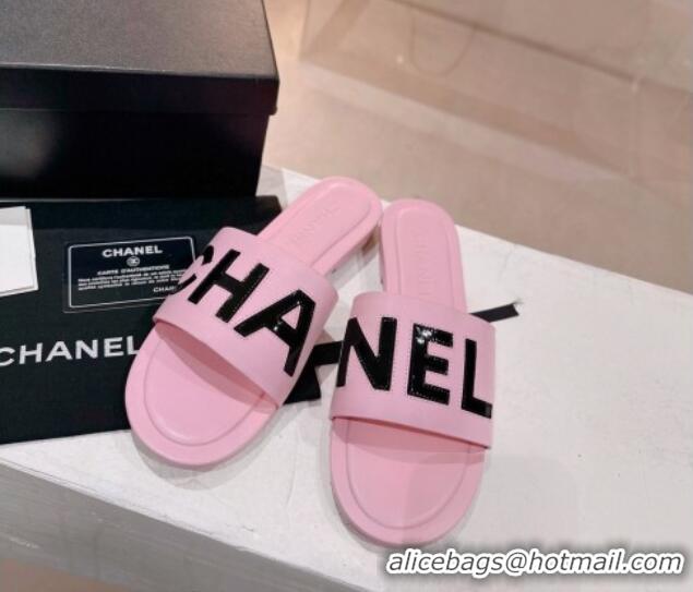 Luxury Chanel Lambskin & Patent Calfskin Flat Slide Sandals Light Pink 428115