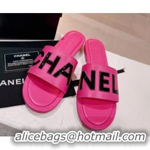 Good Quality Chanel Lambskin & Patent Calfskin Flat Slide Sandals Dark Pink 428116