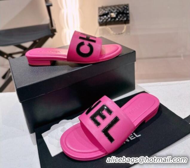 Good Quality Chanel Lambskin & Patent Calfskin Flat Slide Sandals Dark Pink 428116