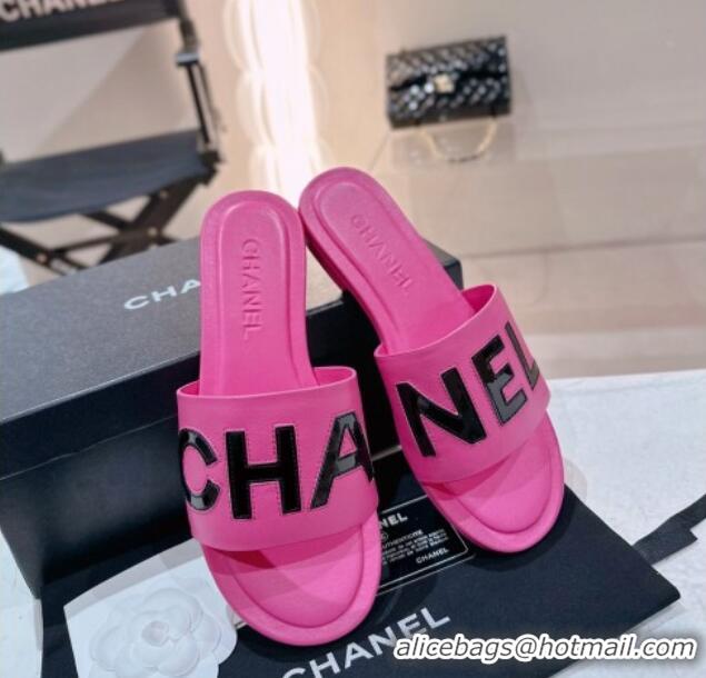 Good Quality Chanel Lambskin & Patent Calfskin Flat Slide Sandals Dark Pink 428116