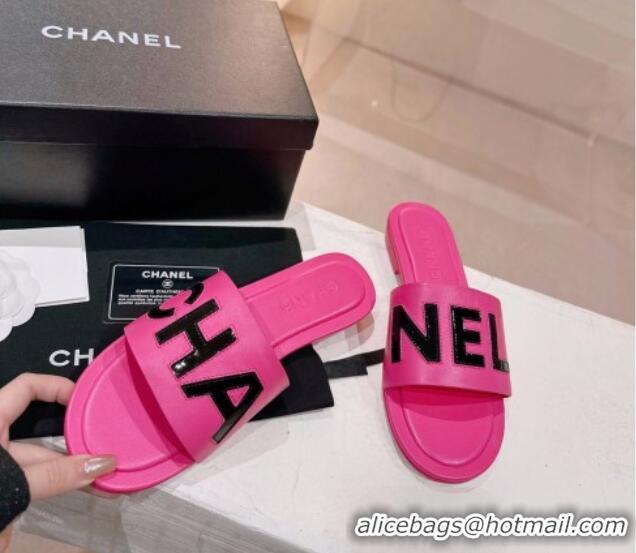 Good Quality Chanel Lambskin & Patent Calfskin Flat Slide Sandals Dark Pink 428116