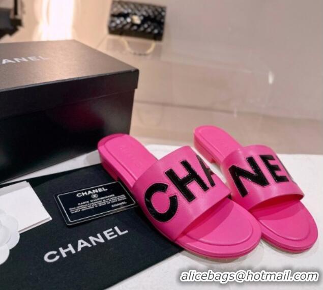 Good Quality Chanel Lambskin & Patent Calfskin Flat Slide Sandals Dark Pink 428116