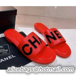 Low Price Chanel Lambskin & Patent Calfskin Flat Slide Sandals Red 428117