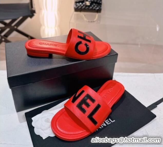 Low Price Chanel Lambskin & Patent Calfskin Flat Slide Sandals Red 428117