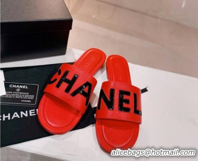 Low Price Chanel Lambskin & Patent Calfskin Flat Slide Sandals Red 428117