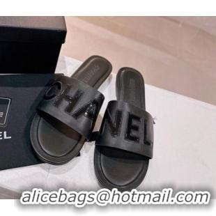 Best Grade Chanel Lambskin & Patent Calfskin Flat Slide Sandals Black 428118