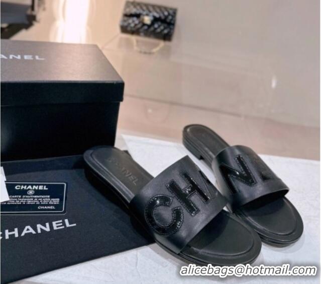 Best Grade Chanel Lambskin & Patent Calfskin Flat Slide Sandals Black 428118