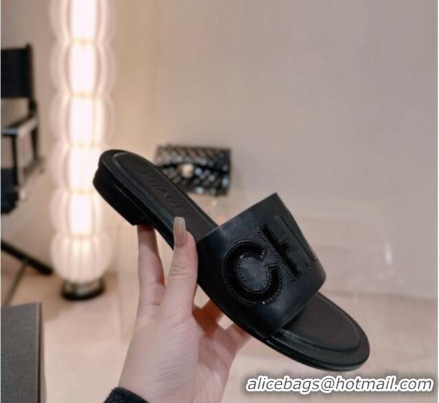 Best Grade Chanel Lambskin & Patent Calfskin Flat Slide Sandals Black 428118