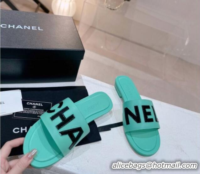 Discount Fashion Chanel Lambskin & Patent Calfskin Flat Slide Sandals Light Green 428119