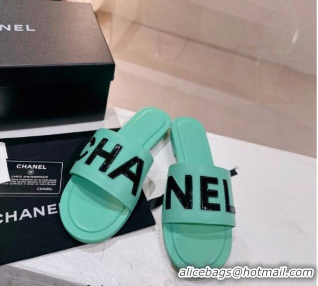 Discount Fashion Chanel Lambskin & Patent Calfskin Flat Slide Sandals Light Green 428119