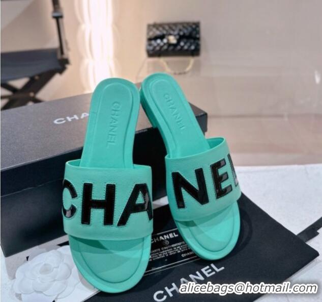 Discount Fashion Chanel Lambskin & Patent Calfskin Flat Slide Sandals Light Green 428119