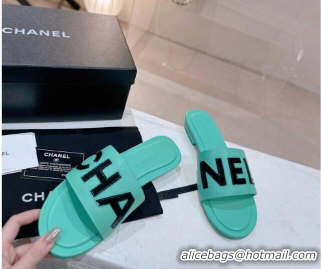 Discount Fashion Chanel Lambskin & Patent Calfskin Flat Slide Sandals Light Green 428119