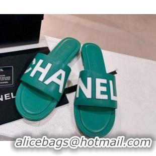 Best Price Chanel Lambskin & Patent Calfskin Flat Slide Sandals Green/White 428120