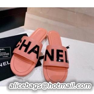 Classic Hot Chanel Lambskin & Patent Calfskin Flat Slide Sandals Peachy Pink 428122