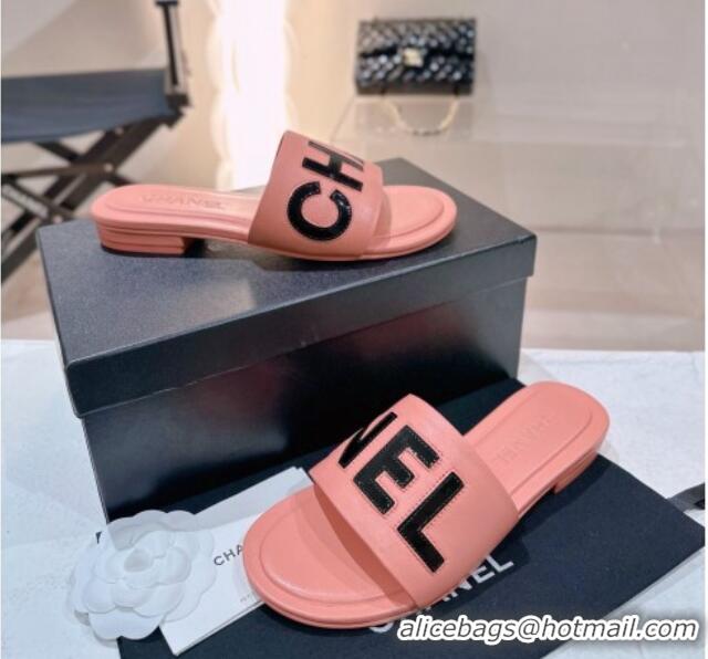 Classic Hot Chanel Lambskin & Patent Calfskin Flat Slide Sandals Peachy Pink 428122