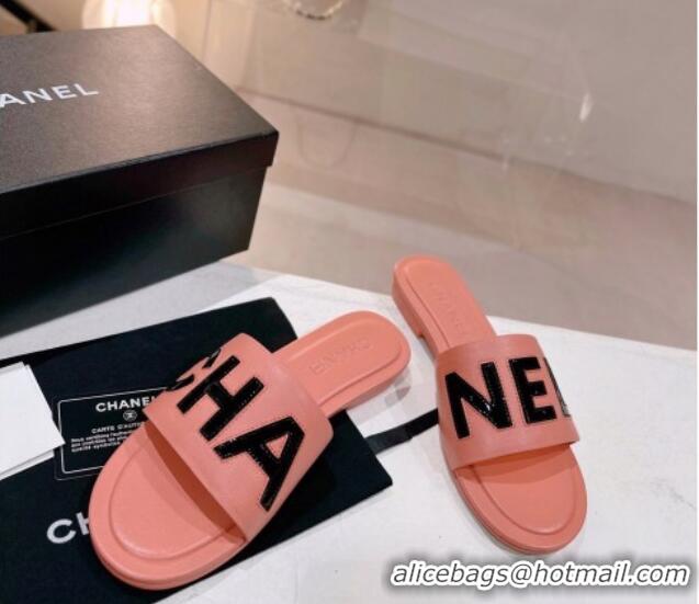 Classic Hot Chanel Lambskin & Patent Calfskin Flat Slide Sandals Peachy Pink 428122