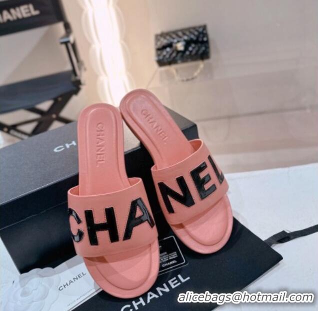 Classic Hot Chanel Lambskin & Patent Calfskin Flat Slide Sandals Peachy Pink 428122