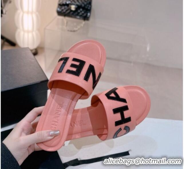 Classic Hot Chanel Lambskin & Patent Calfskin Flat Slide Sandals Peachy Pink 428122