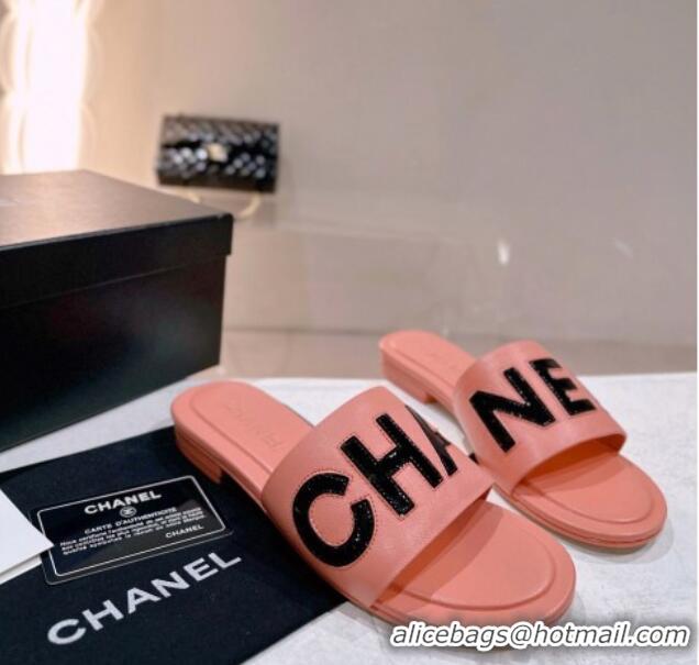 Classic Hot Chanel Lambskin & Patent Calfskin Flat Slide Sandals Peachy Pink 428122