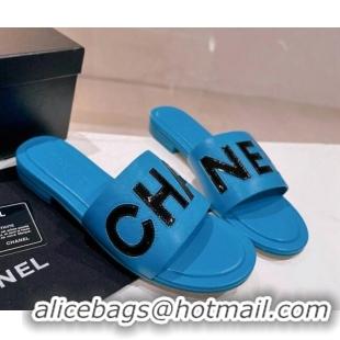 Best Grade Chanel Lambskin & Patent Calfskin Flat Slide Sandals Blue 428123