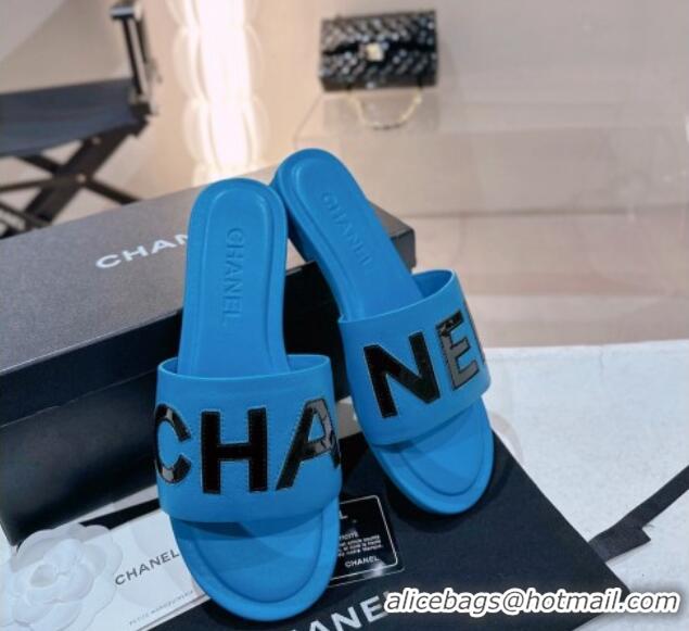 Best Grade Chanel Lambskin & Patent Calfskin Flat Slide Sandals Blue 428123