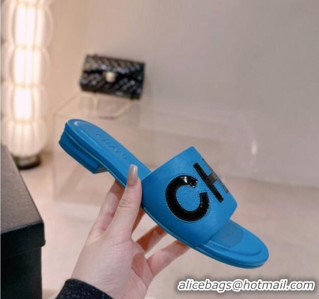 Best Grade Chanel Lambskin & Patent Calfskin Flat Slide Sandals Blue 428123