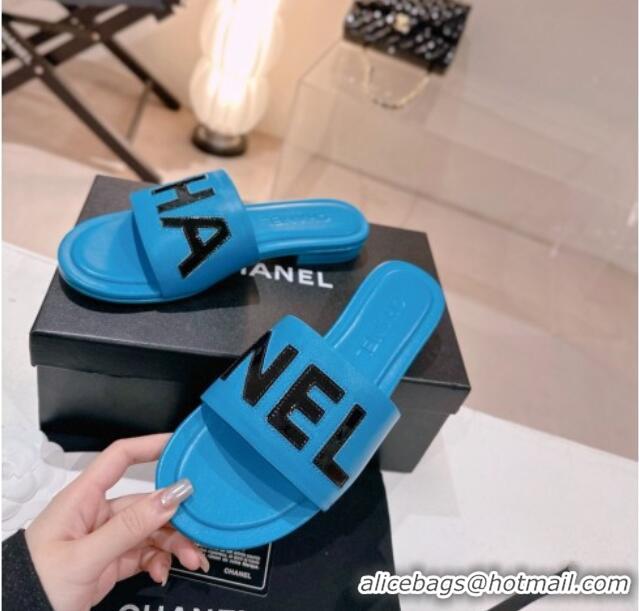 Best Grade Chanel Lambskin & Patent Calfskin Flat Slide Sandals Blue 428123