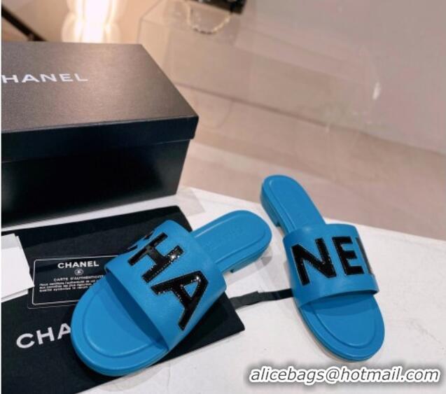 Best Grade Chanel Lambskin & Patent Calfskin Flat Slide Sandals Blue 428123