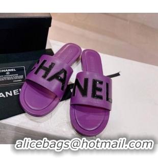 Best Price Chanel Lambskin & Patent Calfskin Flat Slide Sandals Purple 428124