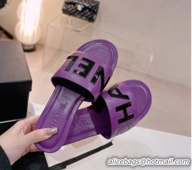 Best Price Chanel Lambskin & Patent Calfskin Flat Slide Sandals Purple 428124