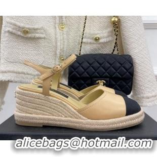 Luxury Chanel Lambskin Wedge Pumps Beige  428128