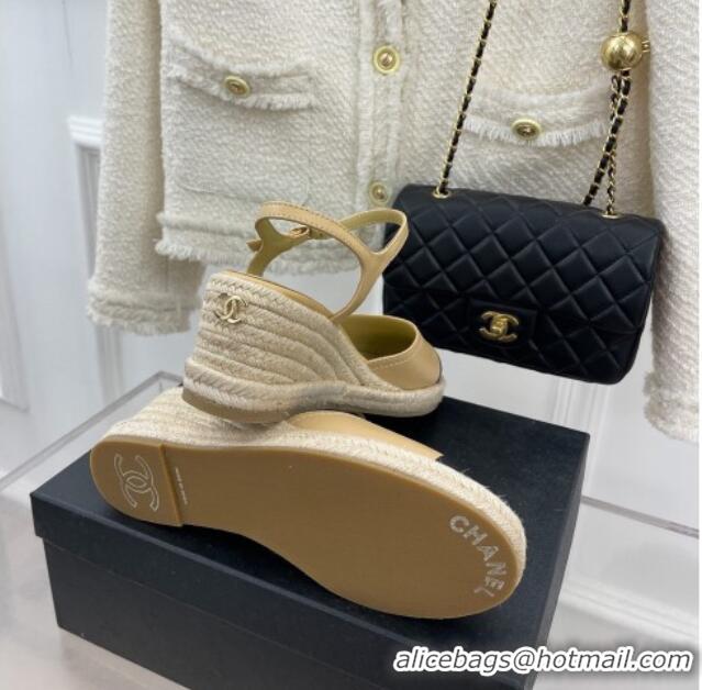 Luxury Chanel Lambskin Wedge Pumps Beige  428128